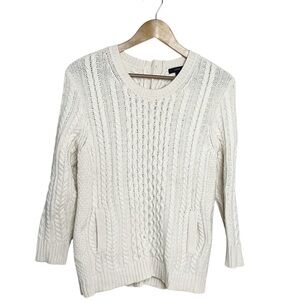 J. Crew M Ivory Cable Knit Sweater Crew Cozy Button Neck Pockets Fall Classic